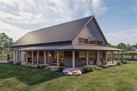 metal houses with wrap around porches|barndominium with large covered porch.